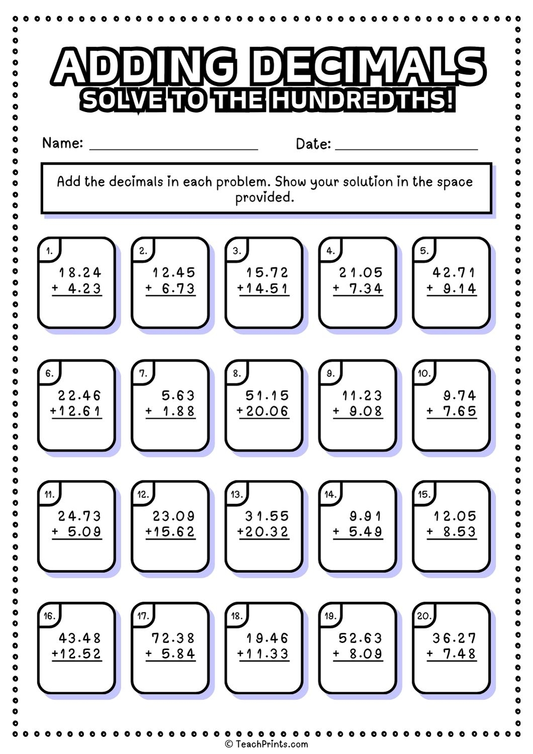 Free Adding Decimals Worksheets Teach Prints Free Adding Decimals Worksheets Teach Prints