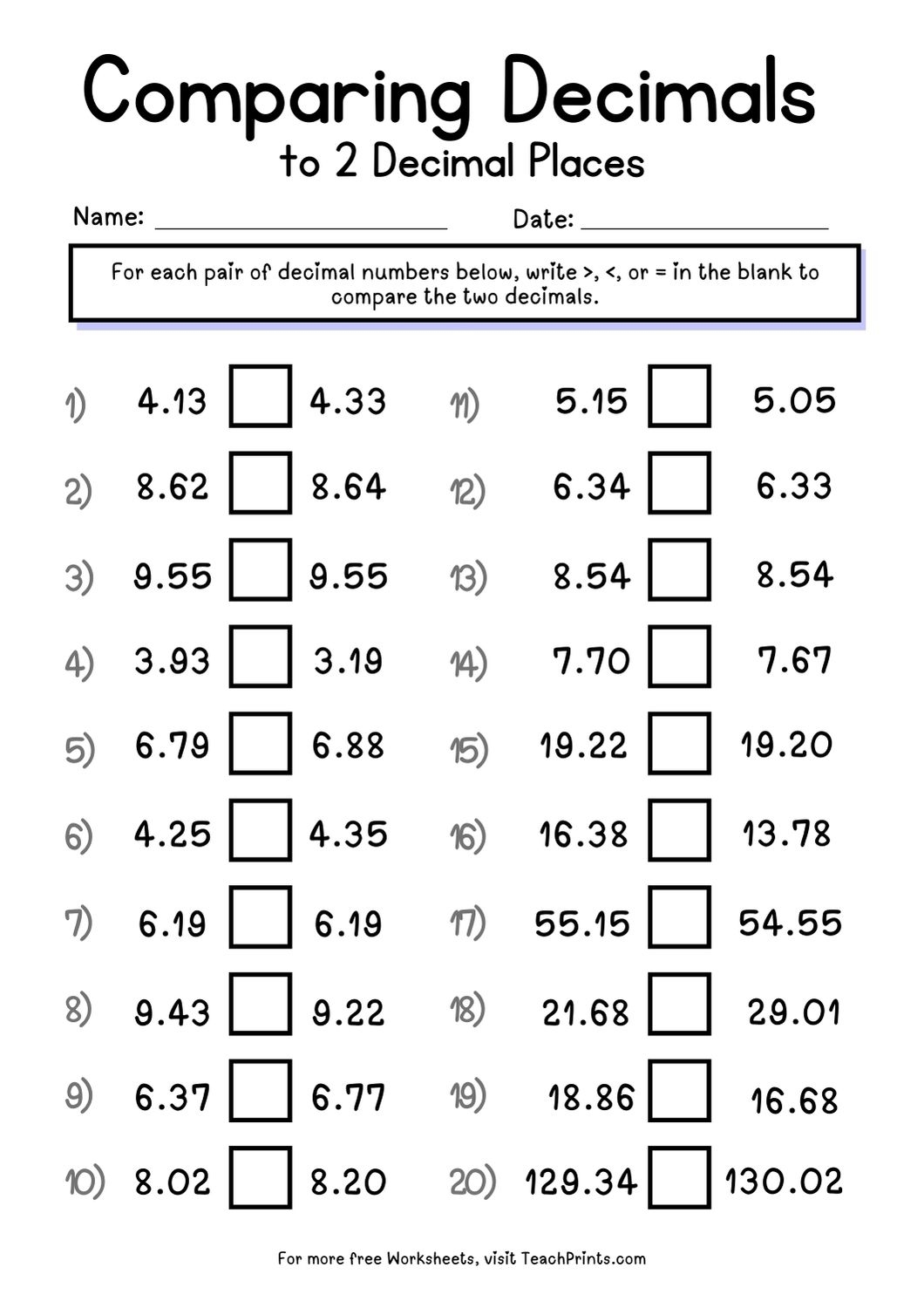Free Comparing Decimals Worksheets Teach Prints Free Comparing Decimals Worksheets Teach Prints