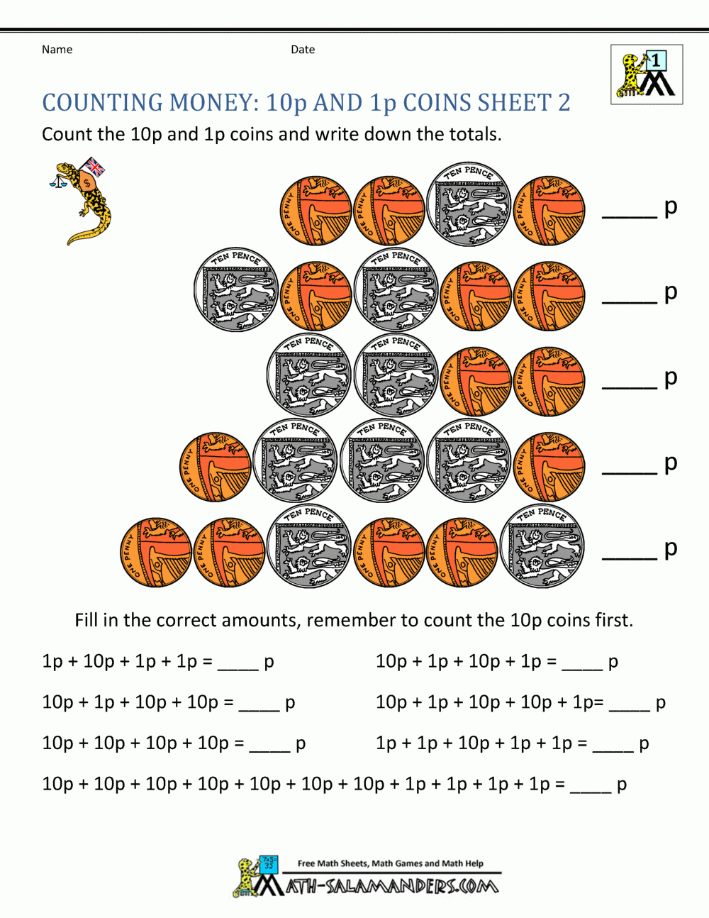 Free Counting Money Worksheets UK Coins