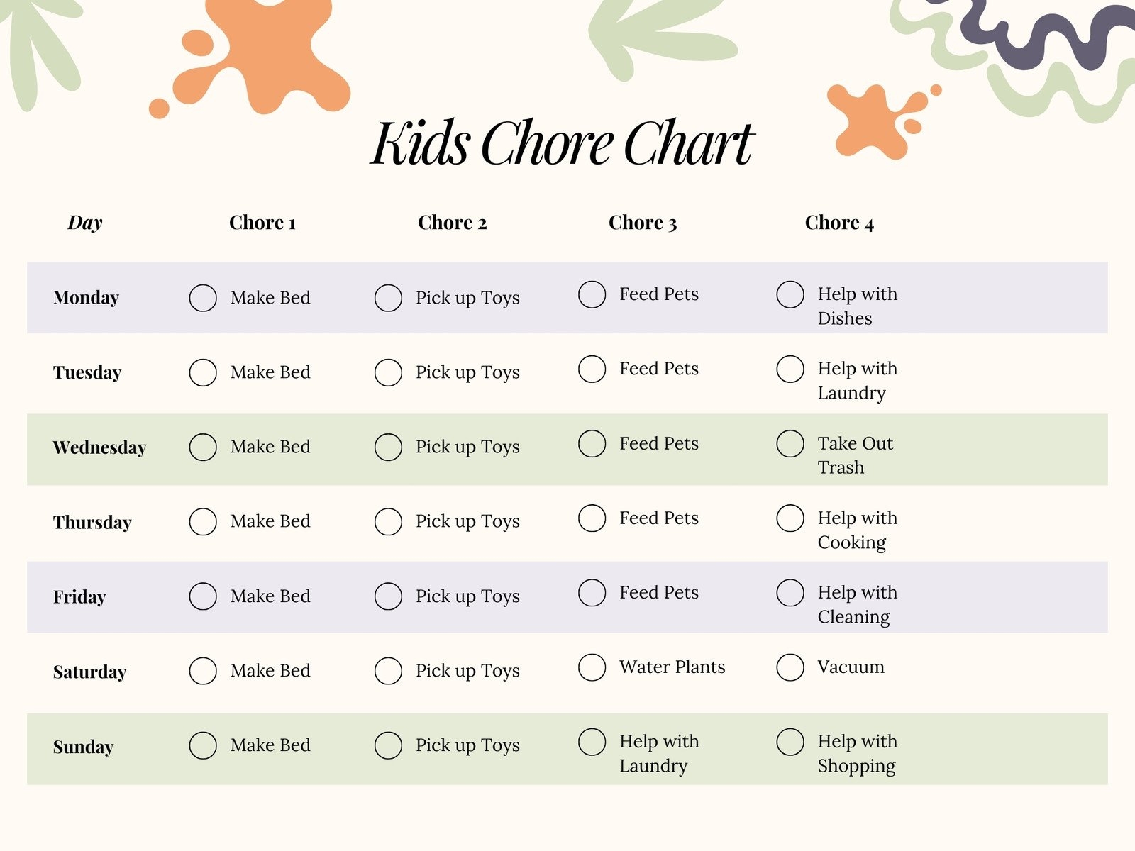 Free Printable Children Chores Worksheet