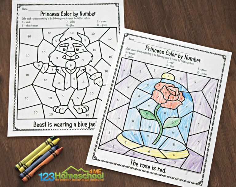  FREE Disney Beauty And The Beast Color By Number Printable Worksheets