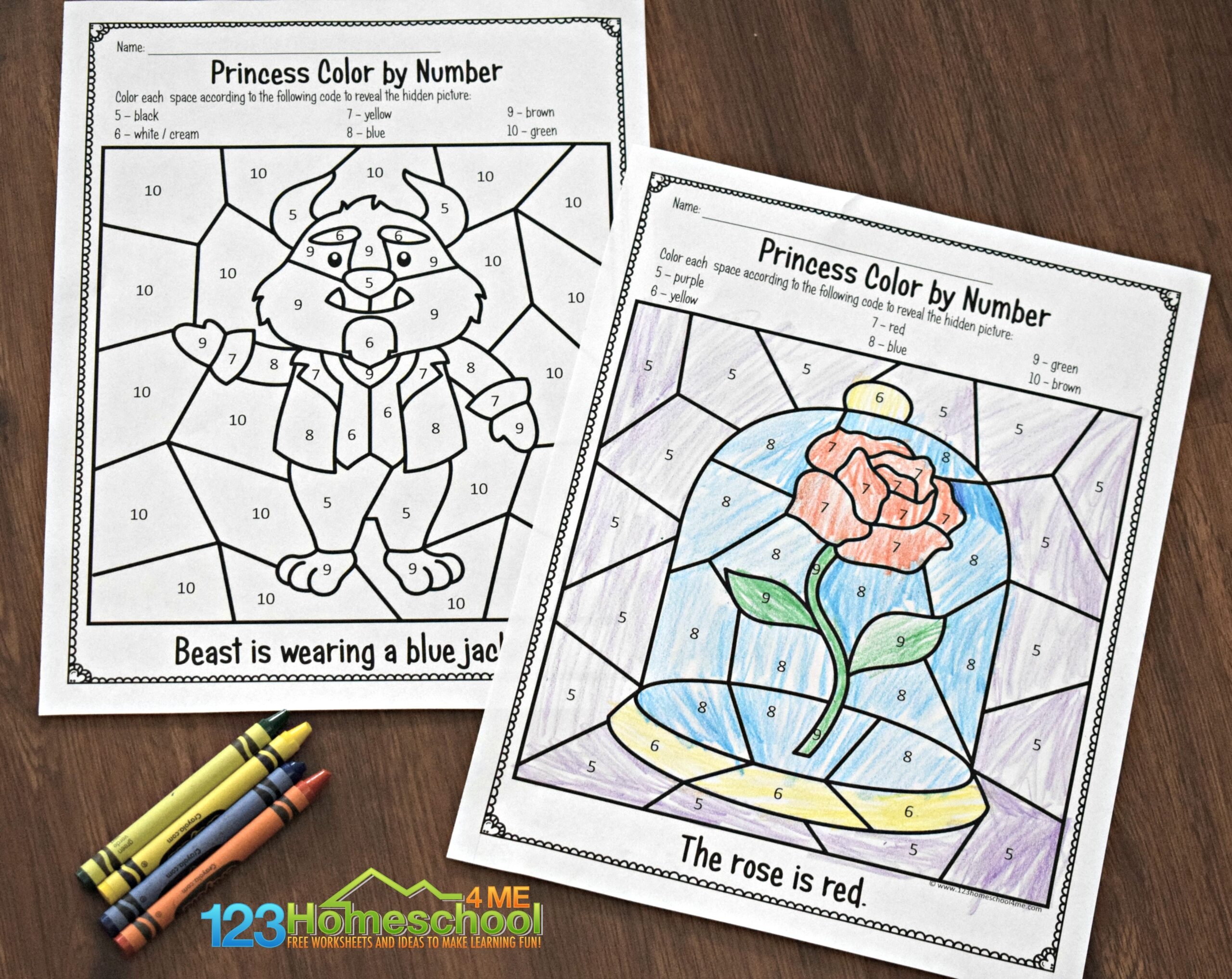 FREE Disney Beauty And The Beast Color By Number Printable Worksheets