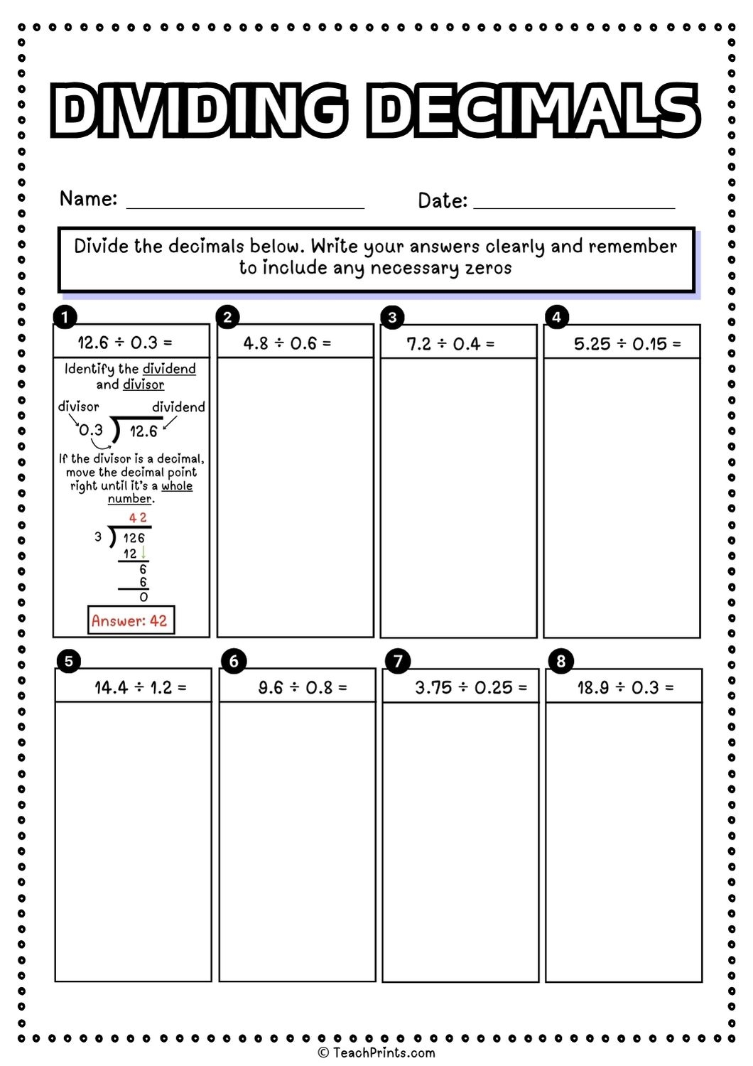Free Dividing Decimals Worksheets Teach Prints