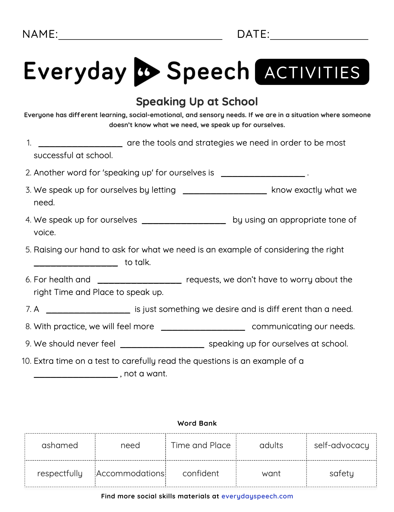 Free Elementary Self Advocacy Material Everyday Speech