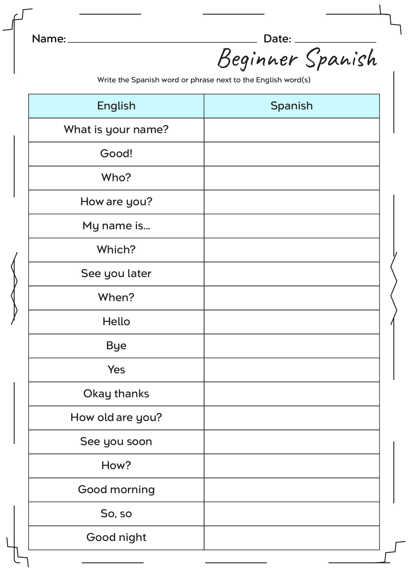 Free English To Spanish Worksheet Download Free English To