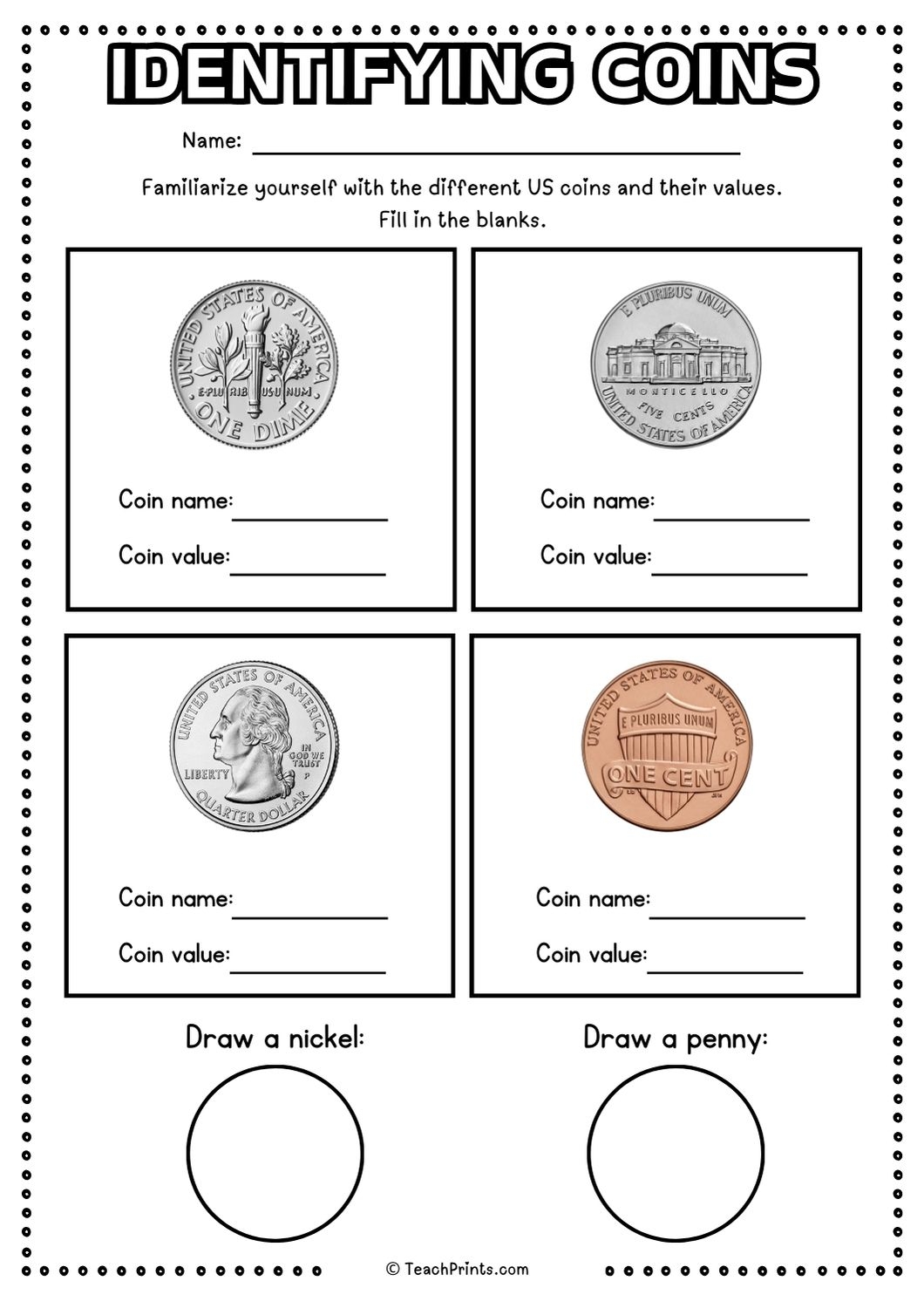 Free Identifying Coins Worksheets Teach Prints