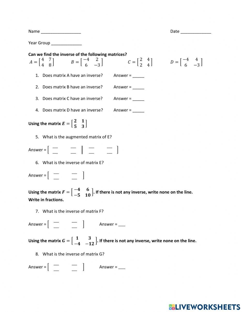 Free Inverse Matrices Worksheet Download Free Inverse Matrices Free Inverse Matrices Worksheet Download Free Inverse Matrices