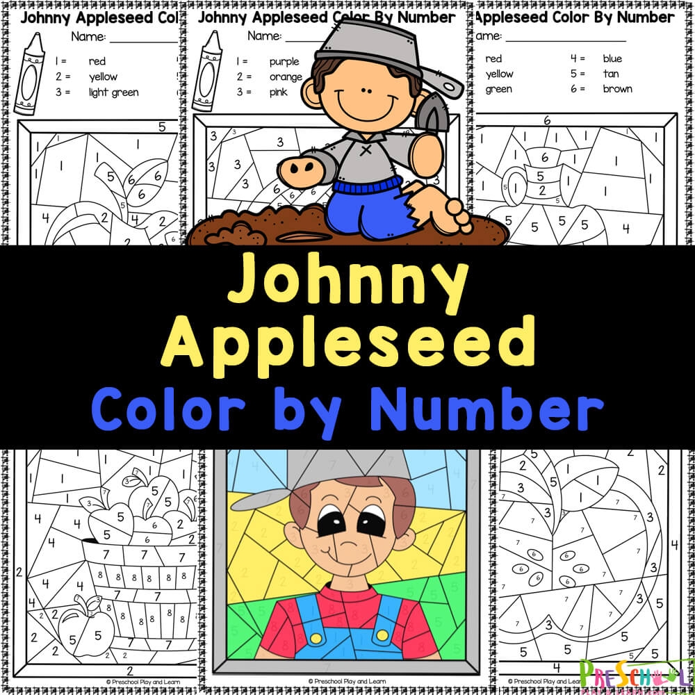 FREE Johnny Appleseed Color By Number Worksheets