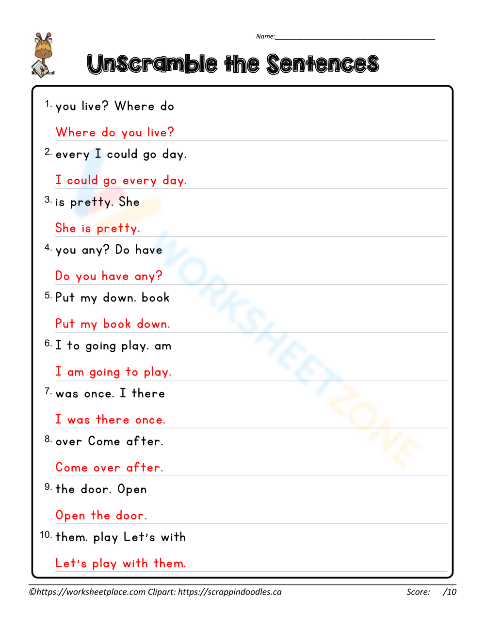 Free Kindergarten Scrambled Sentences Worksheets Worksheets Library