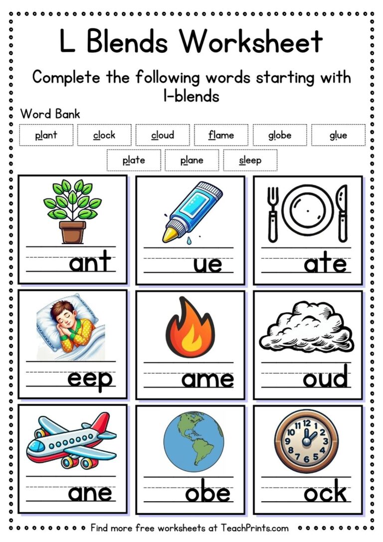 Free L Blend Worksheets Teach Prints