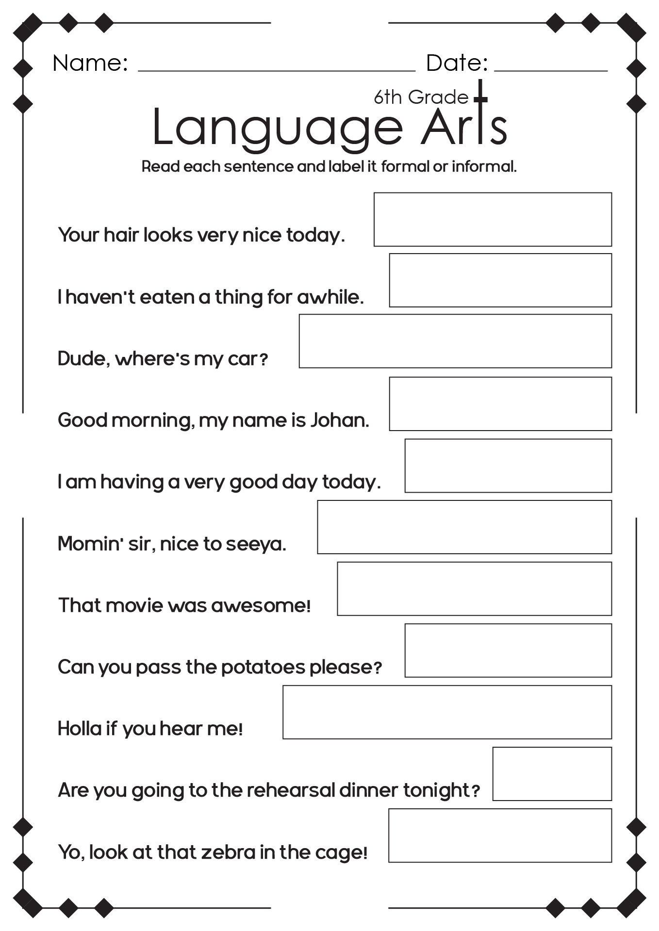 Free Language Arts 6th Grade Worksheet Download Free Language