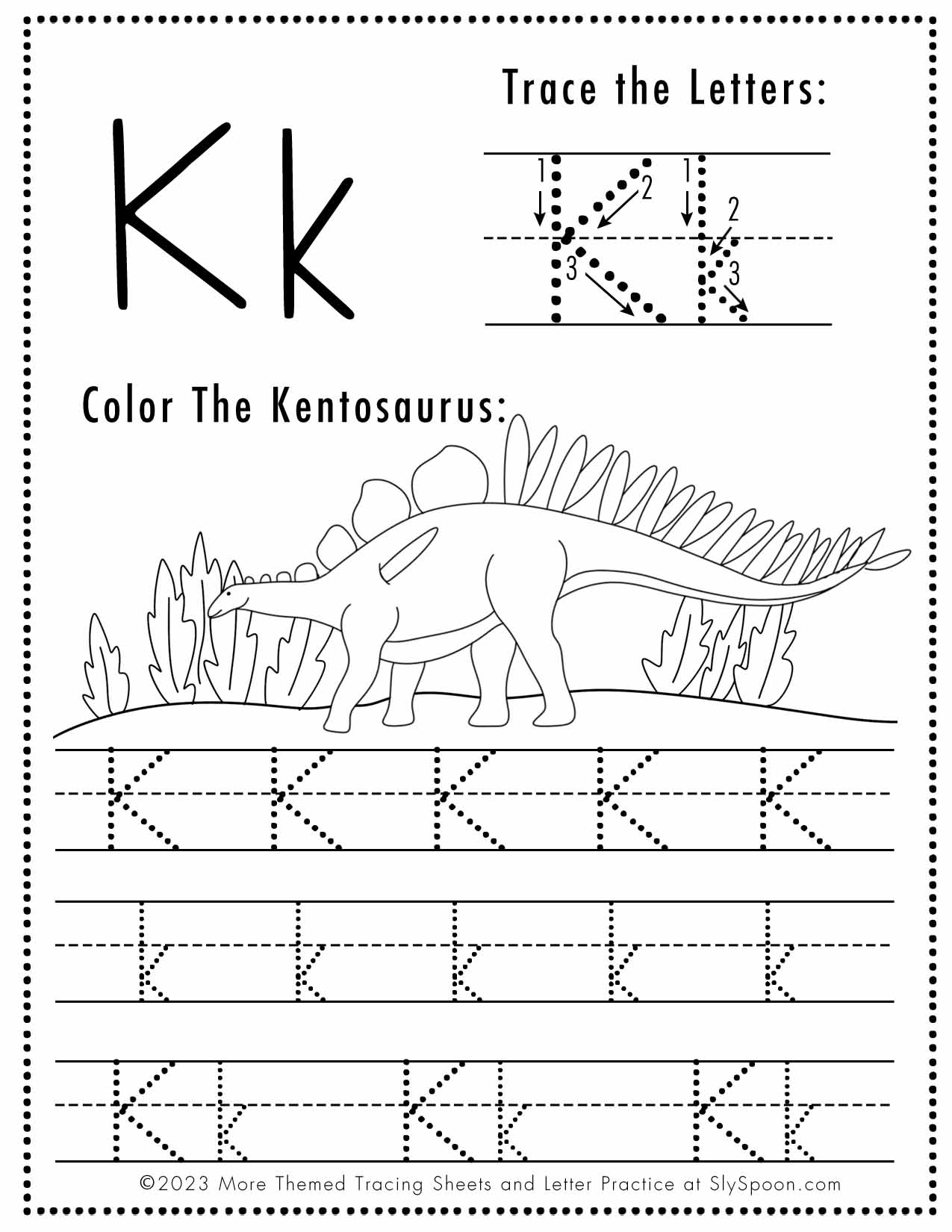 Free Letter K Tracing Worksheet Printable Dinosaur Themed Sly 
