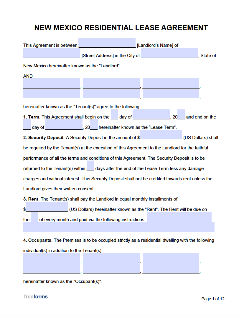 Free New Mexico Rental Lease Agreement Templates PDF WORD Worksheets Library