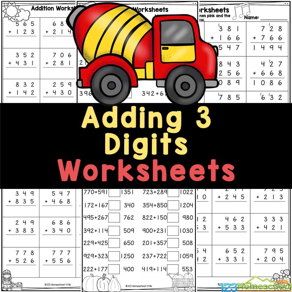 FREE Printable 3 Digit Addition Math Worksheets with Answer Key 