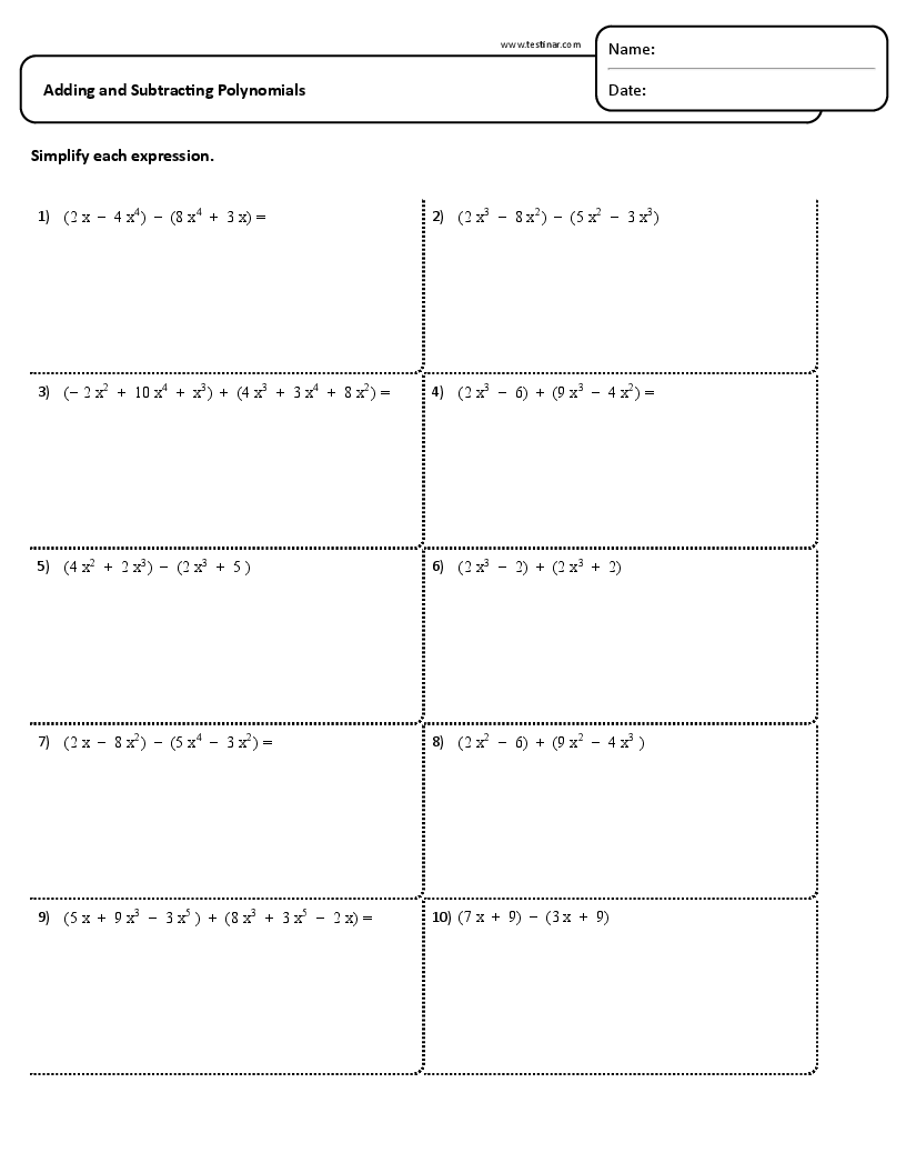 FREE Printable Adding And Subtracting Polynomials Worksheets FREE Printable Adding And Subtracting Polynomials Worksheets