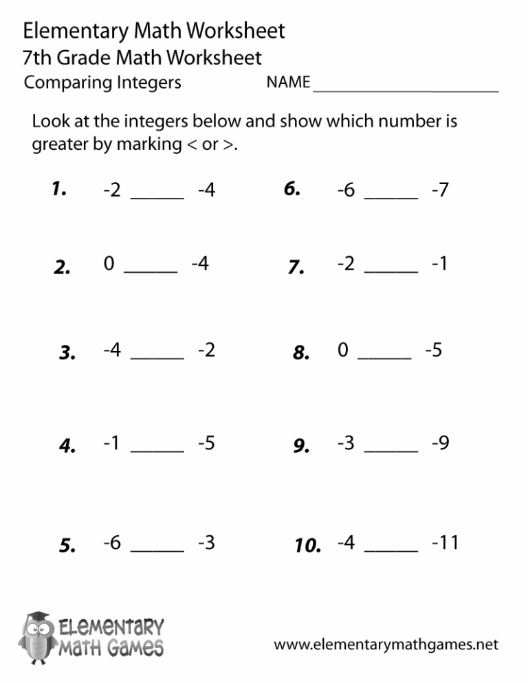 Free Printable Comparing Integers Worksheet For Seventh Grade