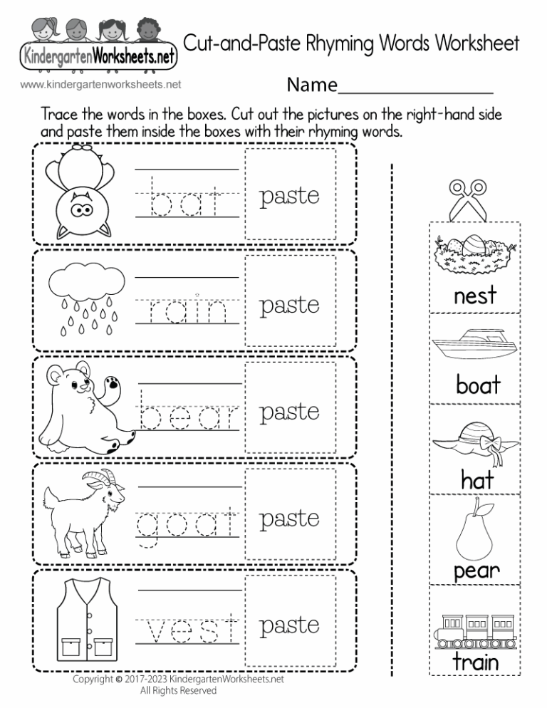Free Printable Cut and Paste Rhyming Words Worksheet