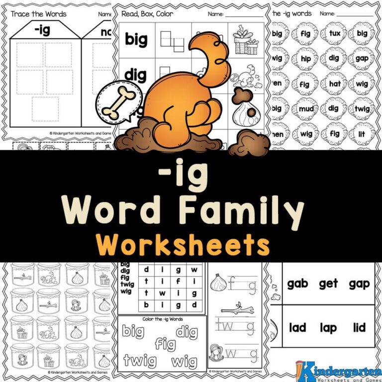 FREE Printable ig Word Family Worksheets For Kindergarten