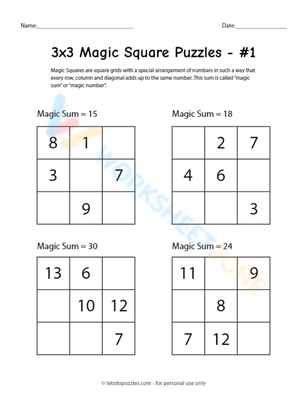 Free Printable Magic Square Worksheets Worksheet Zone Worksheets Library