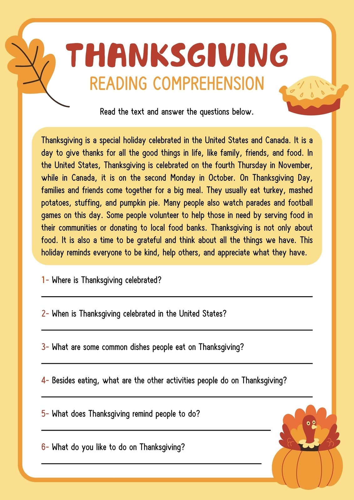 Thanksgiving Day Free Printable Worksheets