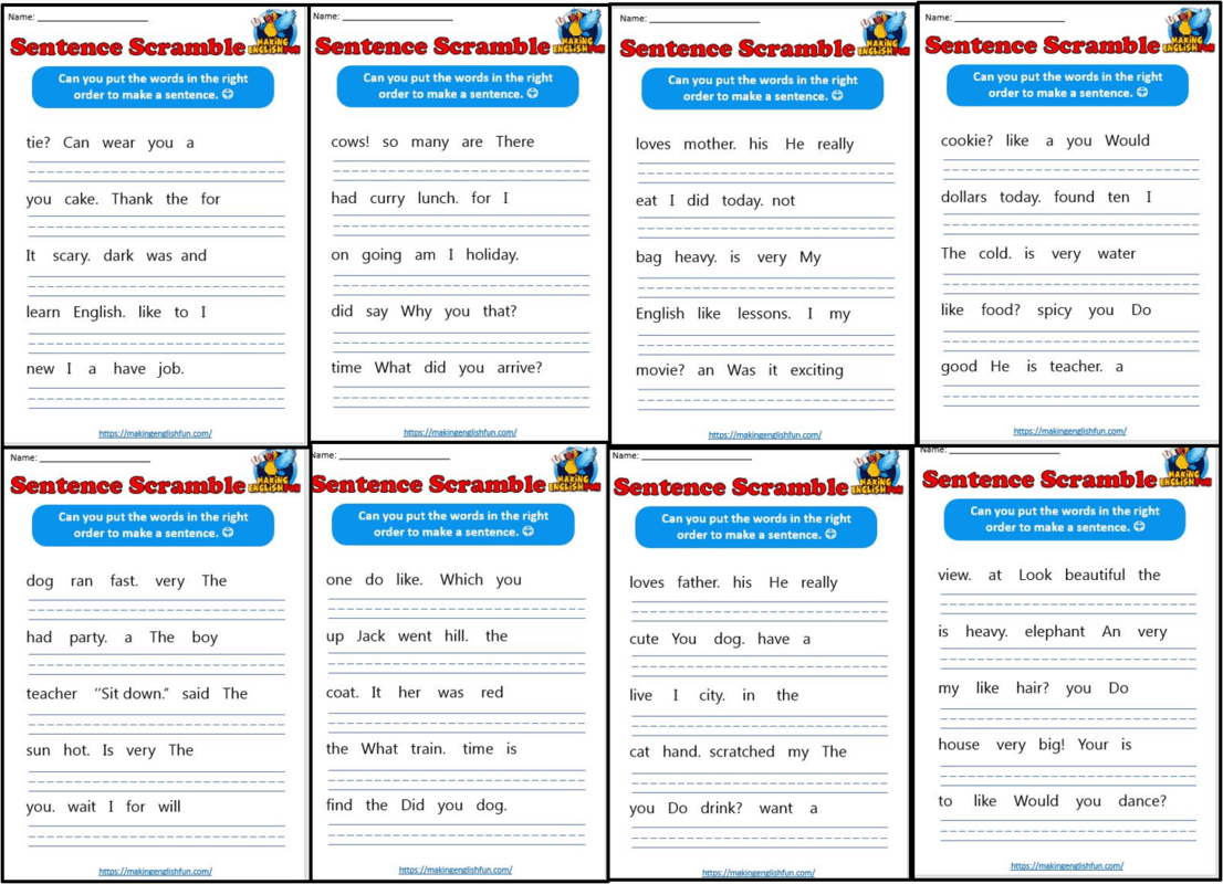 Free Printable Sentence Scramble Worksheets