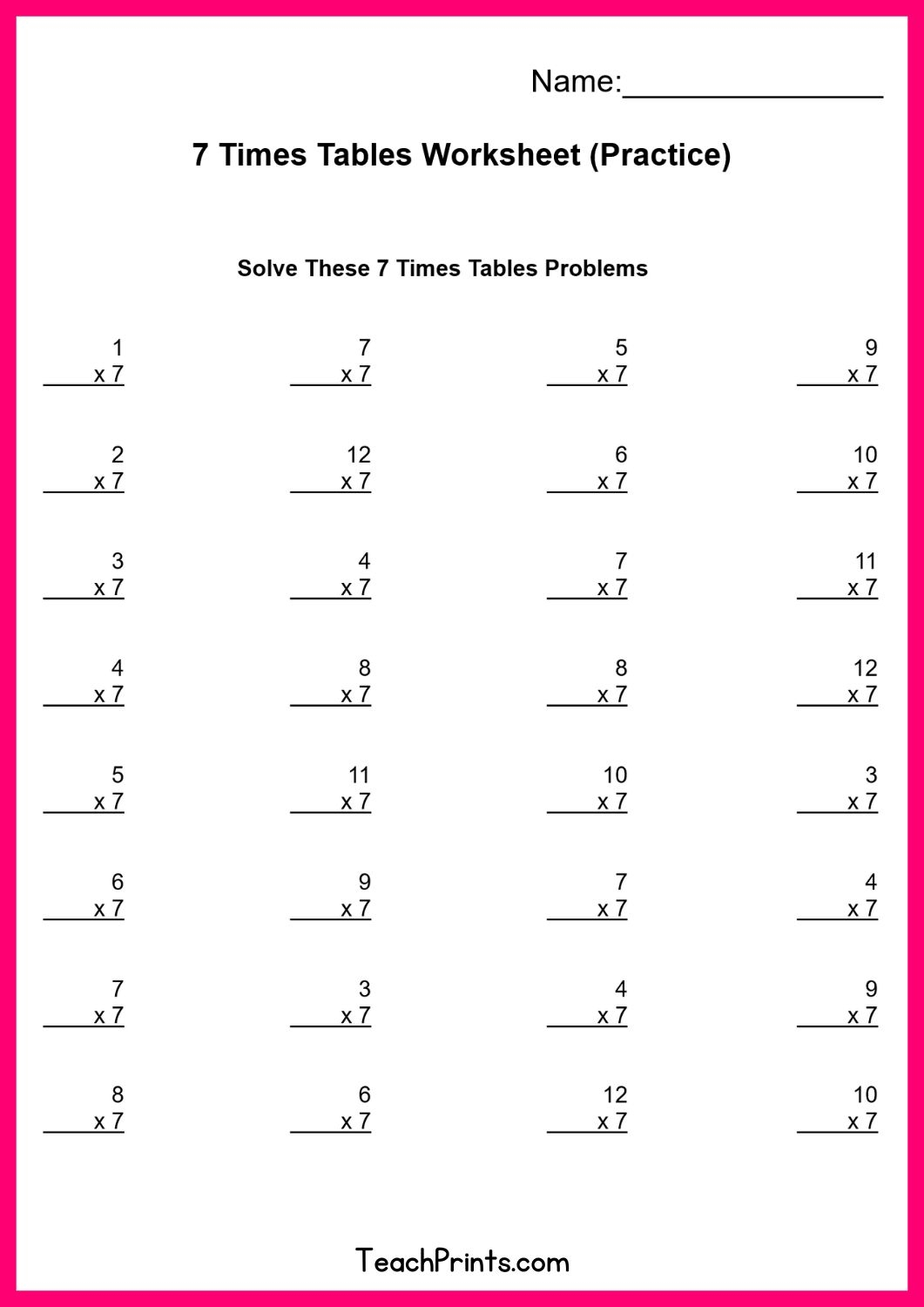 Free Seven Times Tables Worksheets 8 Versions Teach Prints