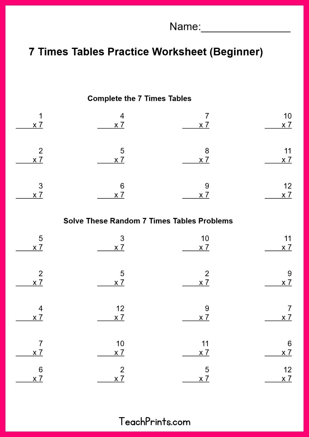 Free Seven Times Tables Worksheets 8 Versions Teach Prints