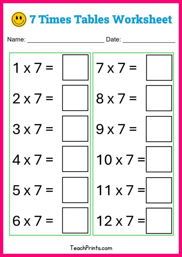 Free Seven Times Tables Worksheets 8 Versions Teach Prints