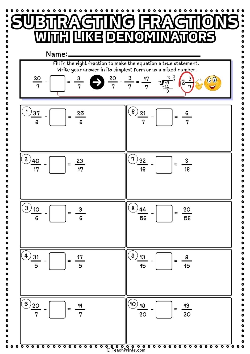 Free Subtracting Fractions With Like Denominators Worksheets Teach Prints Free Subtracting Fractions With Like Denominators Worksheets Teach Prints