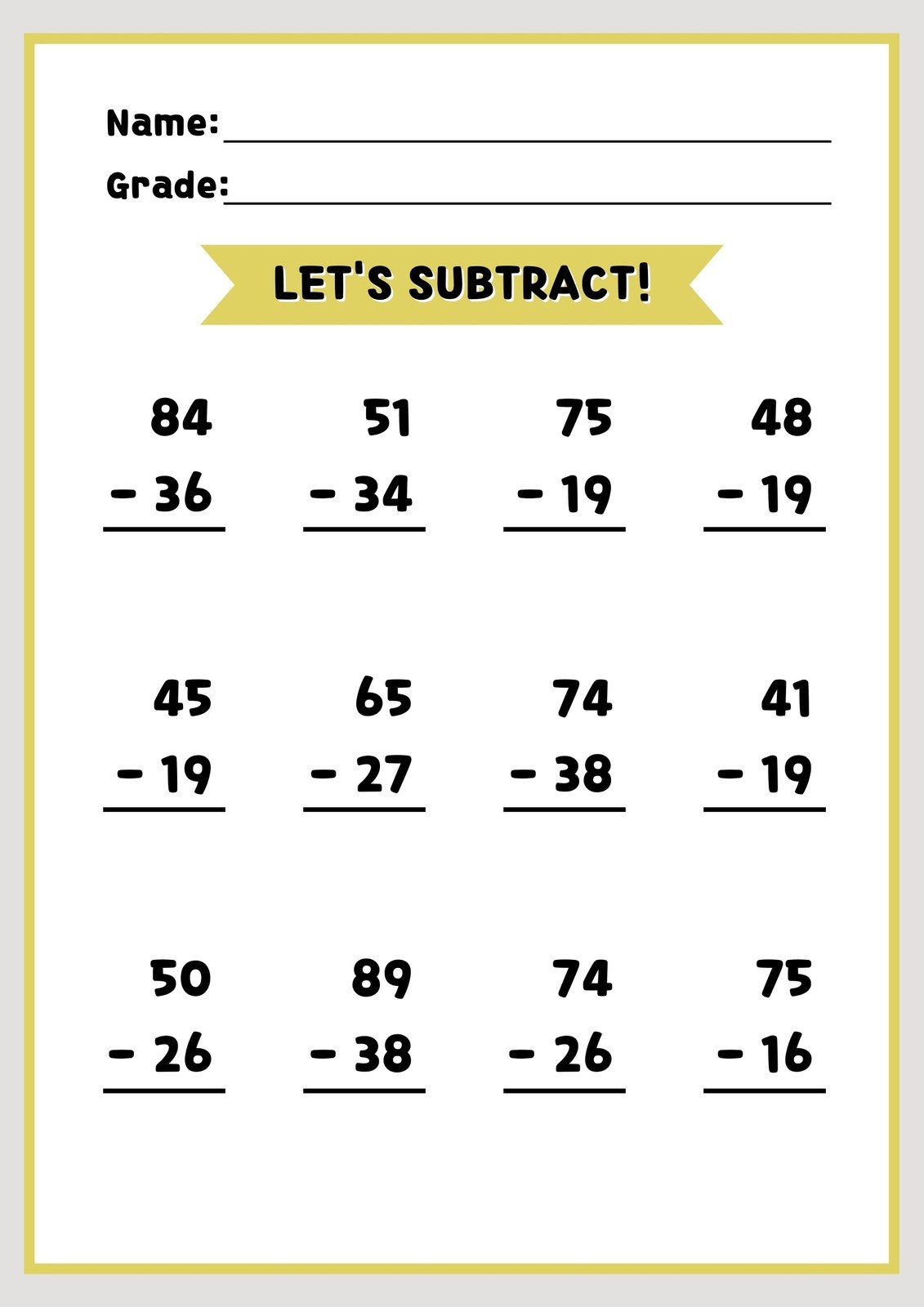 Free Subtraction Worksheet Templates To Edit And Print Canva Free Subtraction Worksheet Templates To Edit And Print Canva