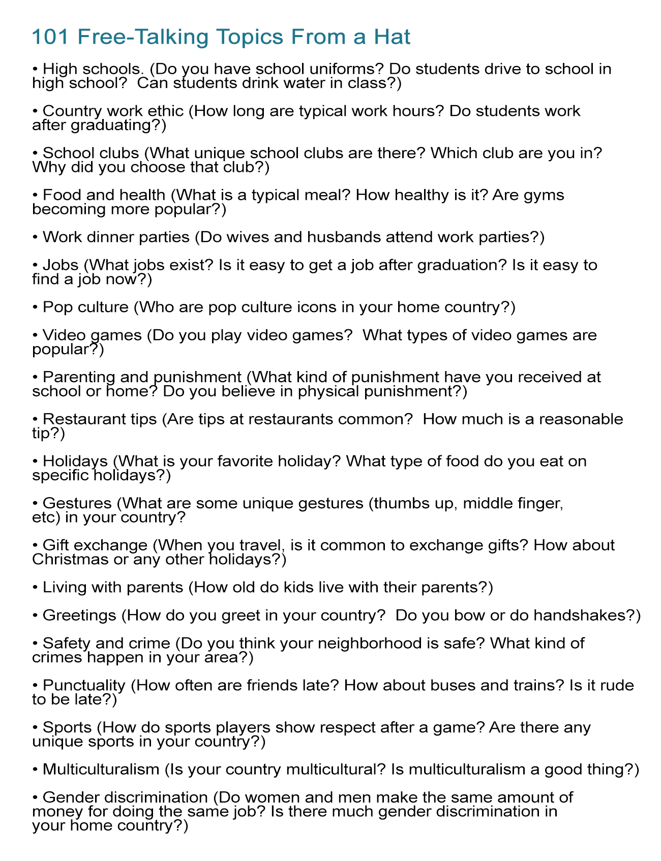 Free Talking Topics Worksheet ALL ESL Free Talking Topics Worksheet ALL ESL