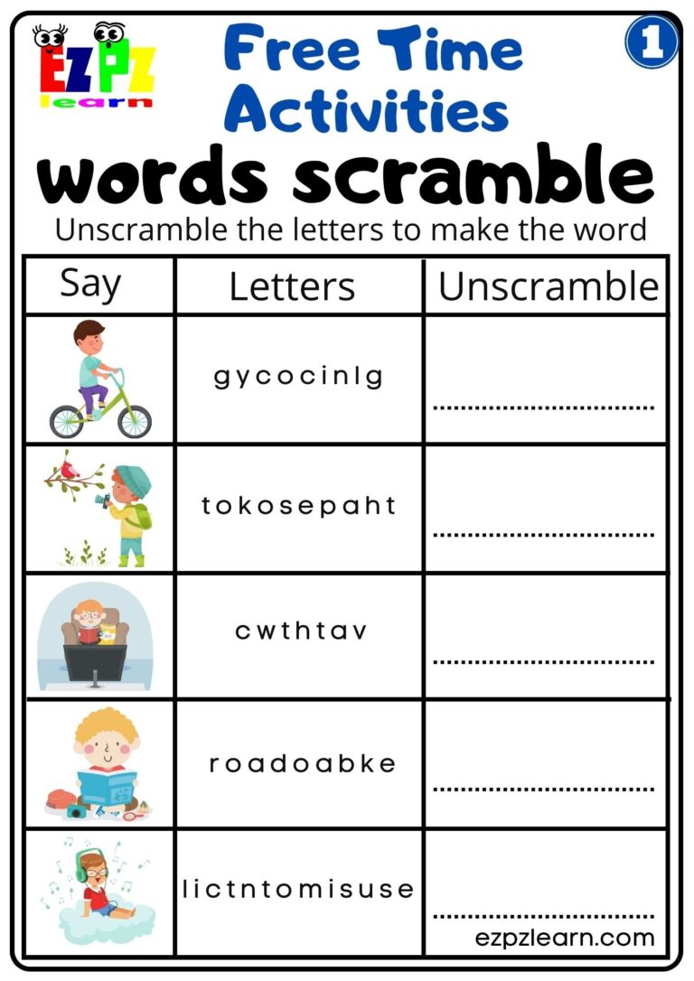 Free Time Activities Easy Word Scramble Worksheet Activity For Children And ESL Students Free PDF Download Group 1 Ezpzlearn