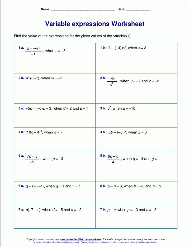 Free Worksheets For Evaluating Expressions With Variables Grades Free Worksheets For Evaluating Expressions With Variables Grades