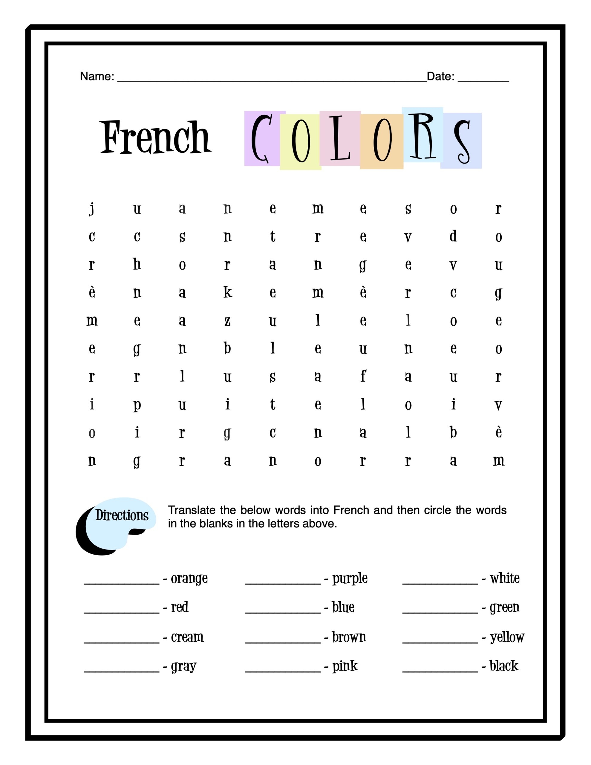French Colors Worksheet Packet