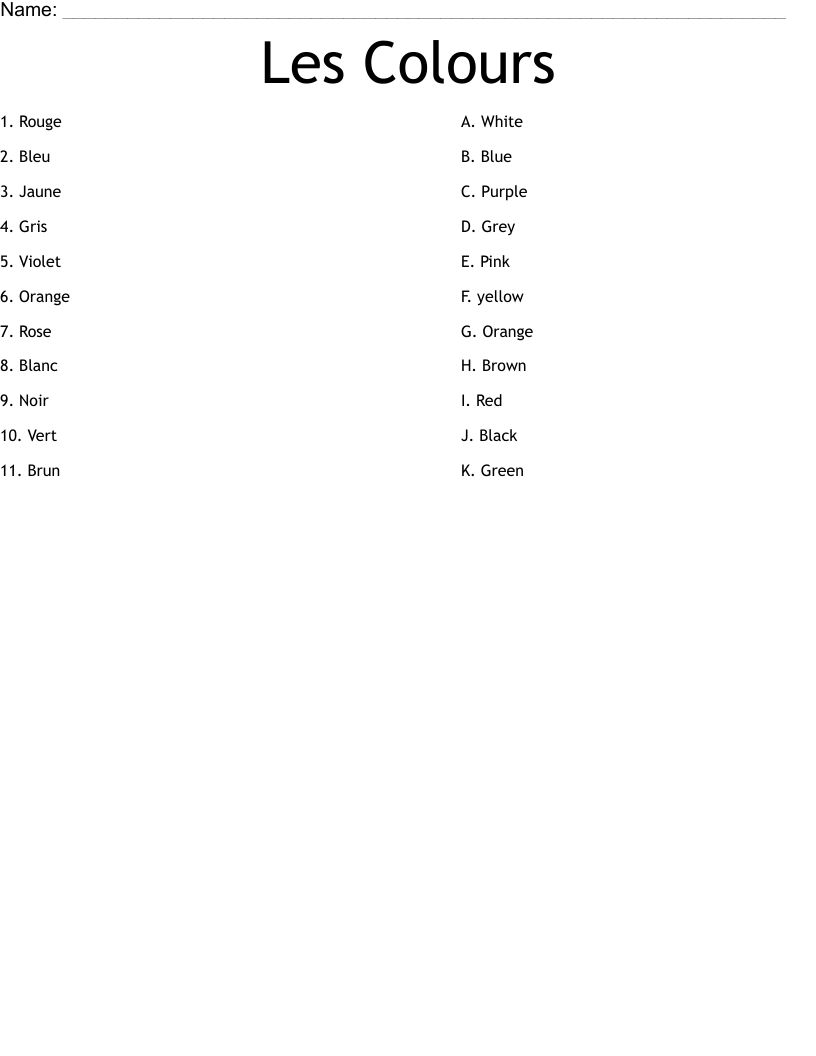 French Colors Worksheet WordMint