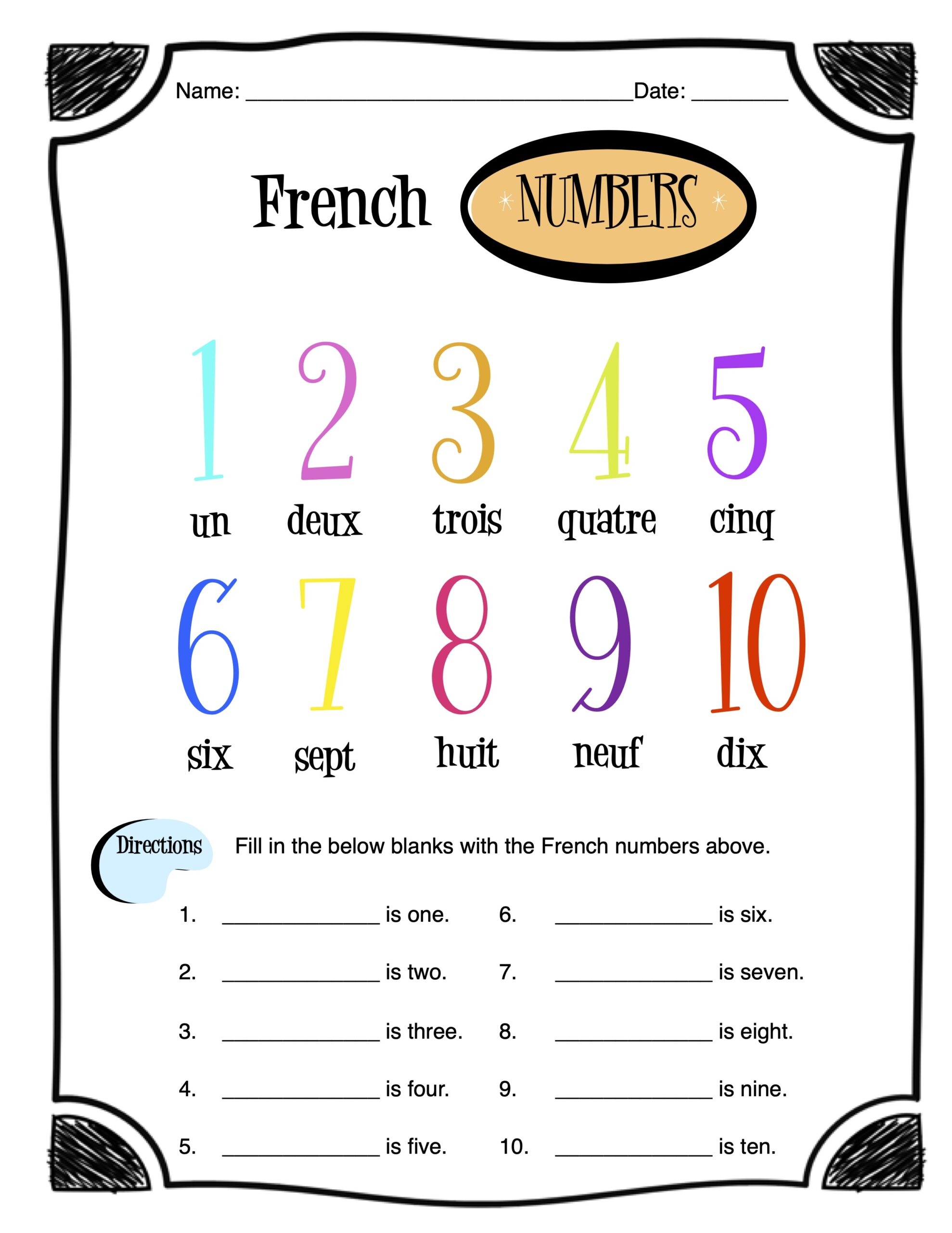 French Numbers Worksheet Packet