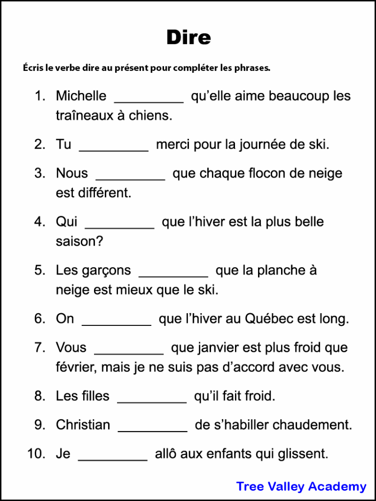 French Verb Worksheet For The Verb Dire Tree Valley Academy