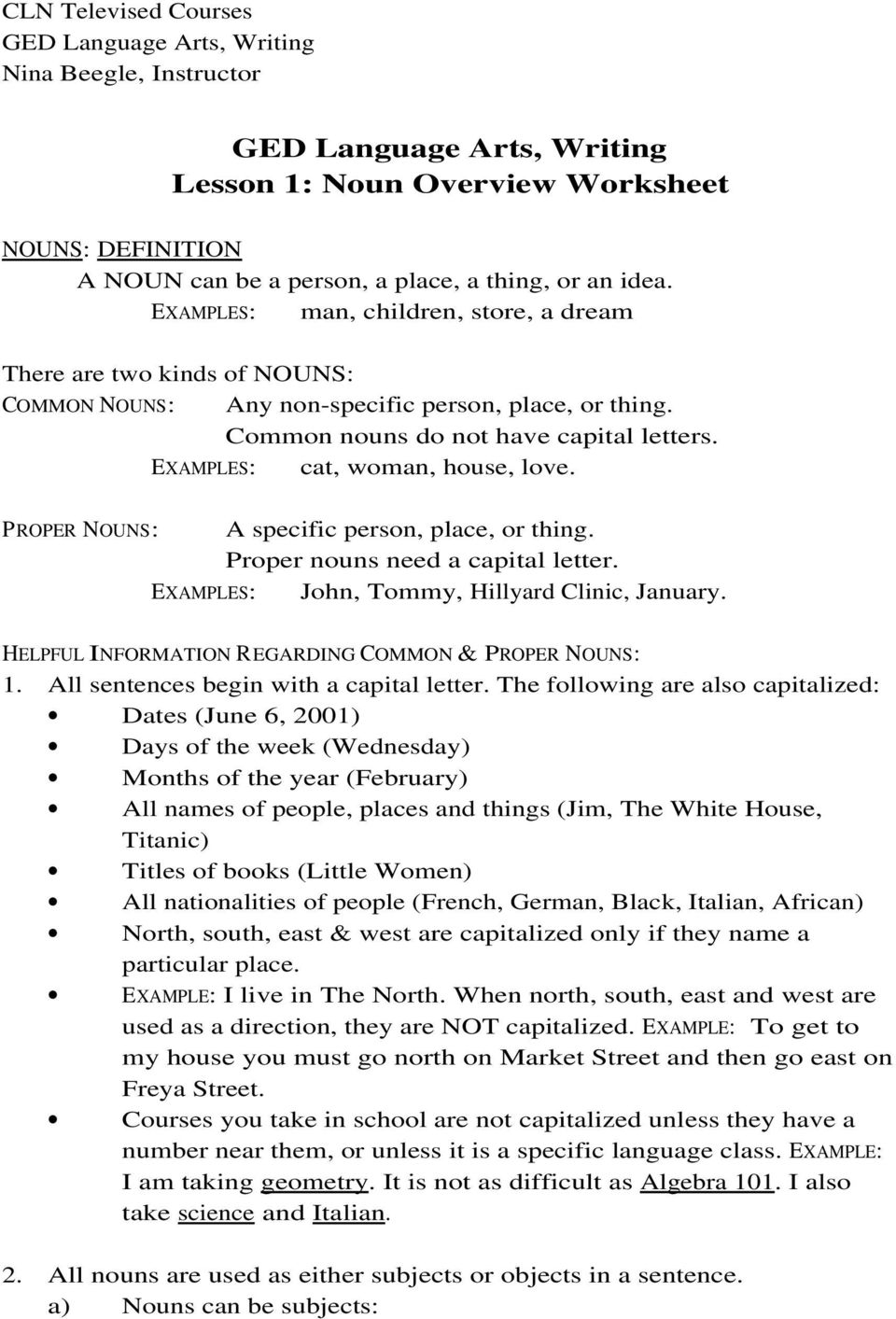 GED Language Arts Writing Lesson 1 Noun Overview Worksheet PDF Worksheets Library