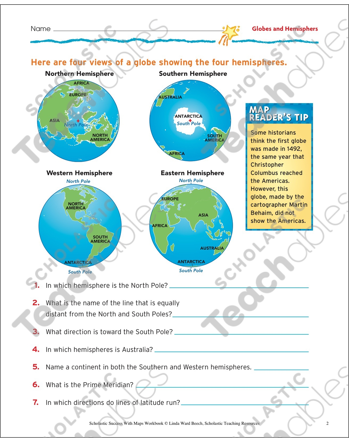 Globes And Hemispheres Map Skills Gr 5 Printable Maps Skills Sheets