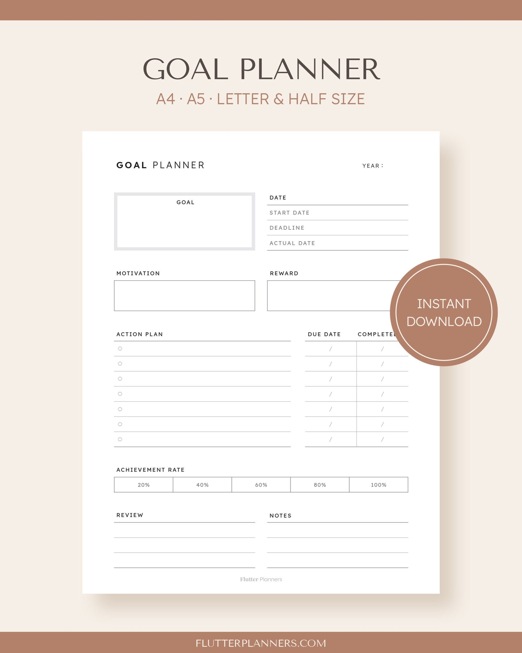Goal Planner Printable Worksheet Goal Setting Template Personal Goal Tracker Productivity Planner PDF Goal Planning a5 a4 letter half Etsy