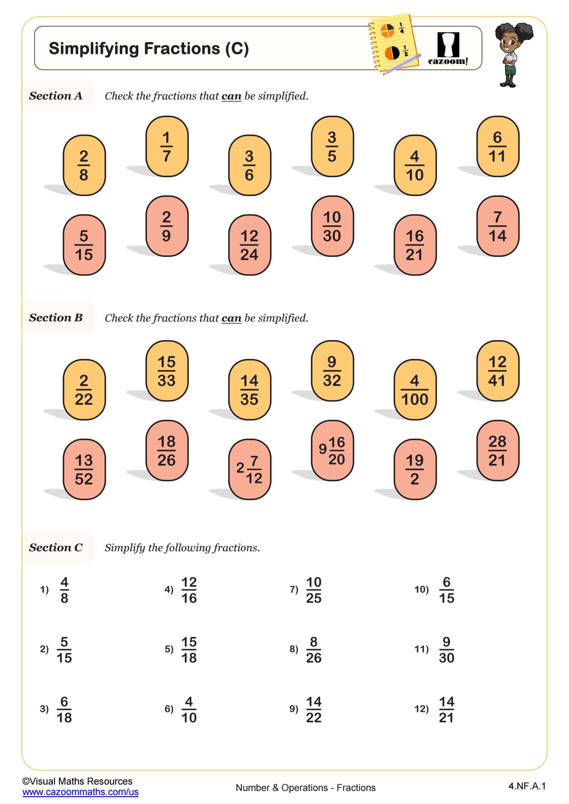 Grade 5 Fractions Worksheets Simplifying Fractions K5 Learning 