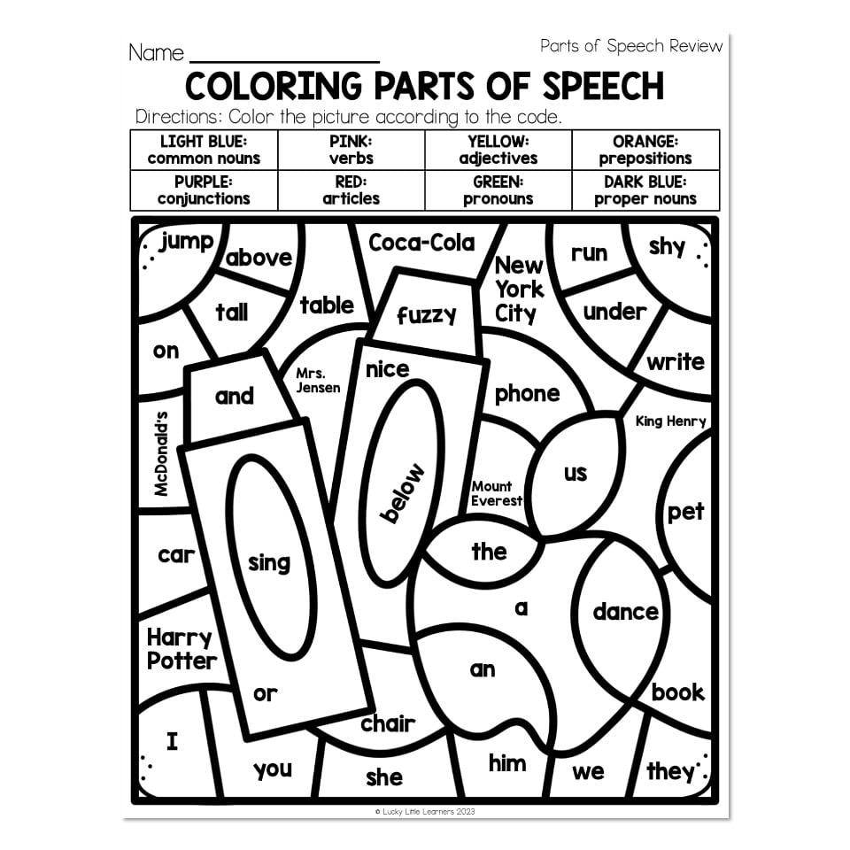 Grammar Worksheets Parts Of Speech Review Coloring Parts Of  Grammar Worksheets Parts Of Speech Review Coloring Parts Of