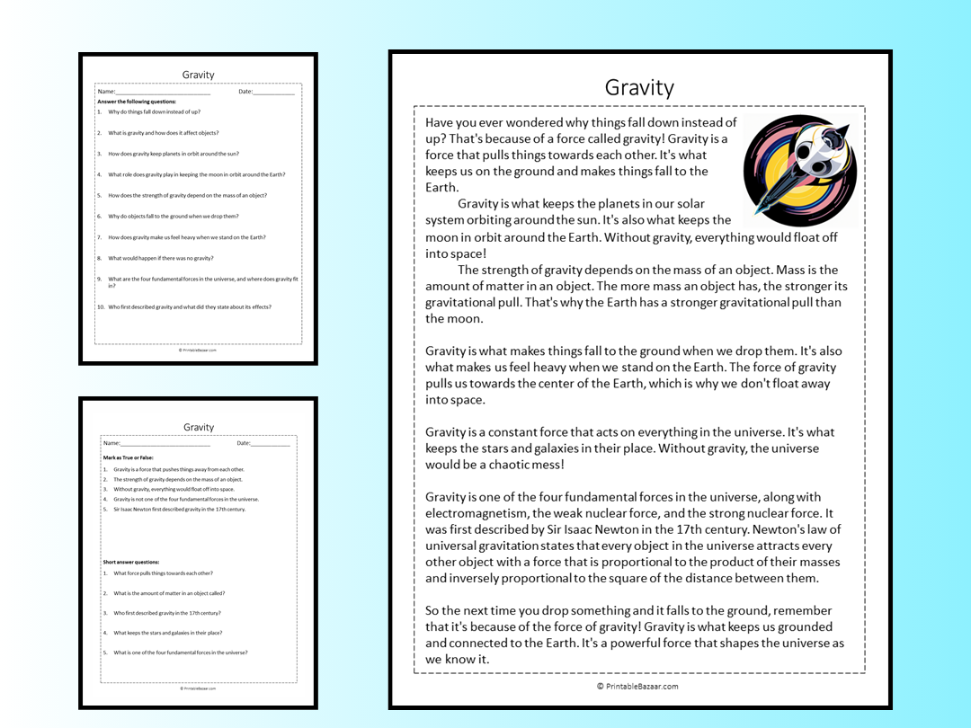 Gravity Reading Comprehension Passage Printable Worksheet Teaching Resources Gravity Reading Comprehension Passage Printable Worksheet Teaching Resources