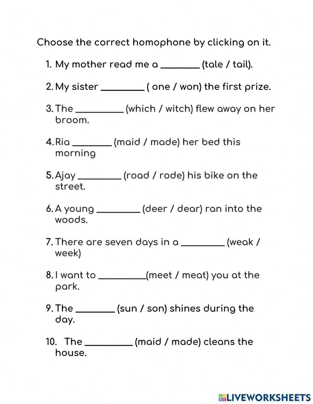 Homophones Online Exercise For 5th GRade Live Worksheets