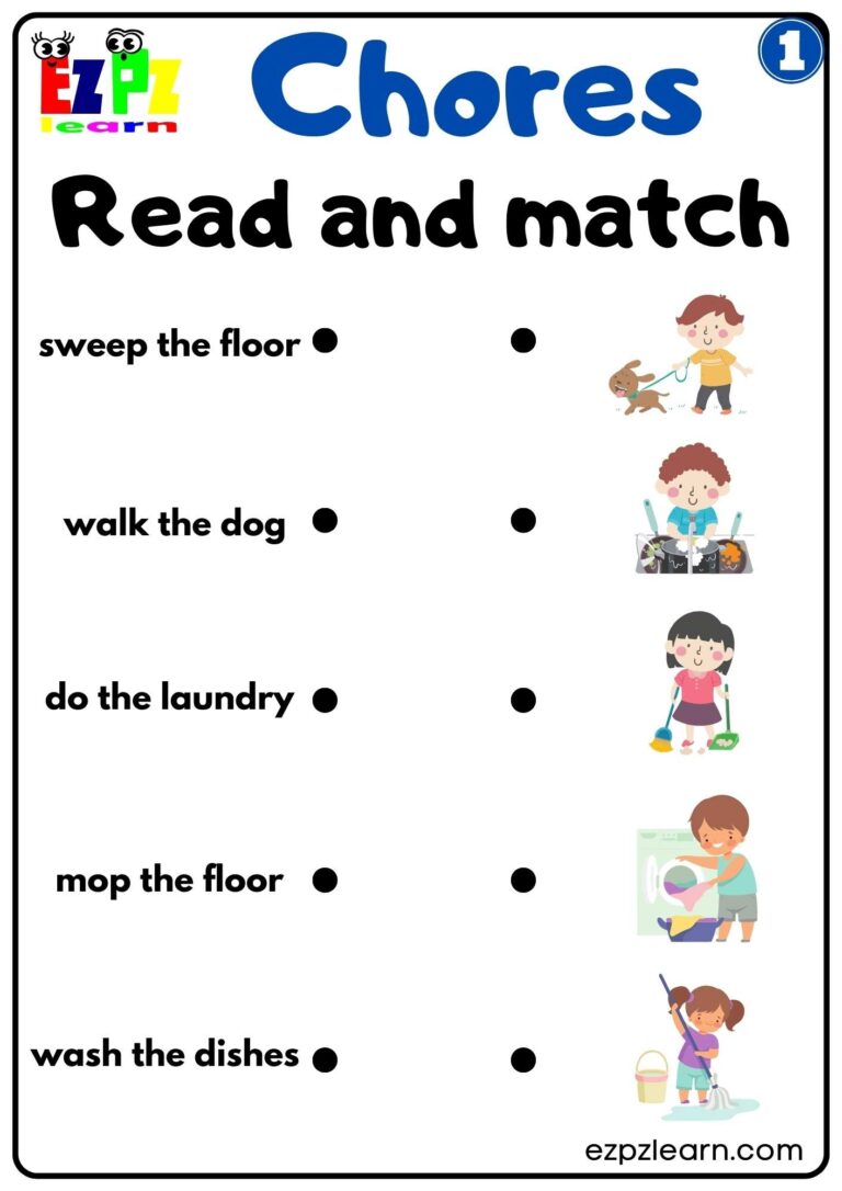 Household Chores Vocabulary Read And Match Worksheet For Kids Group 1 Download Free Ezpzlearn