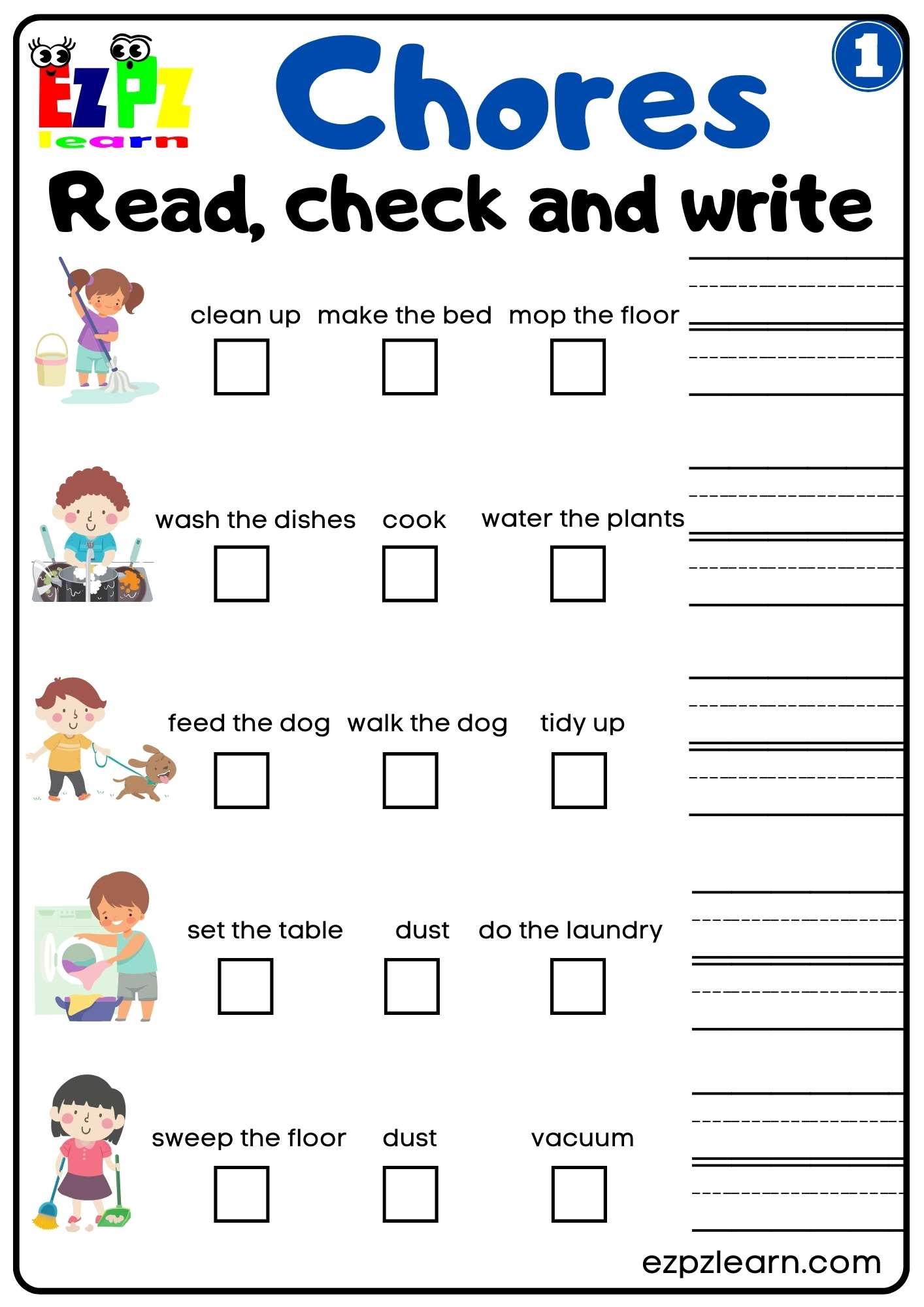 Household Chores Vocabulary Read Check And Write Worksheet For Kids Group 1 Download Free Ezpzlearn