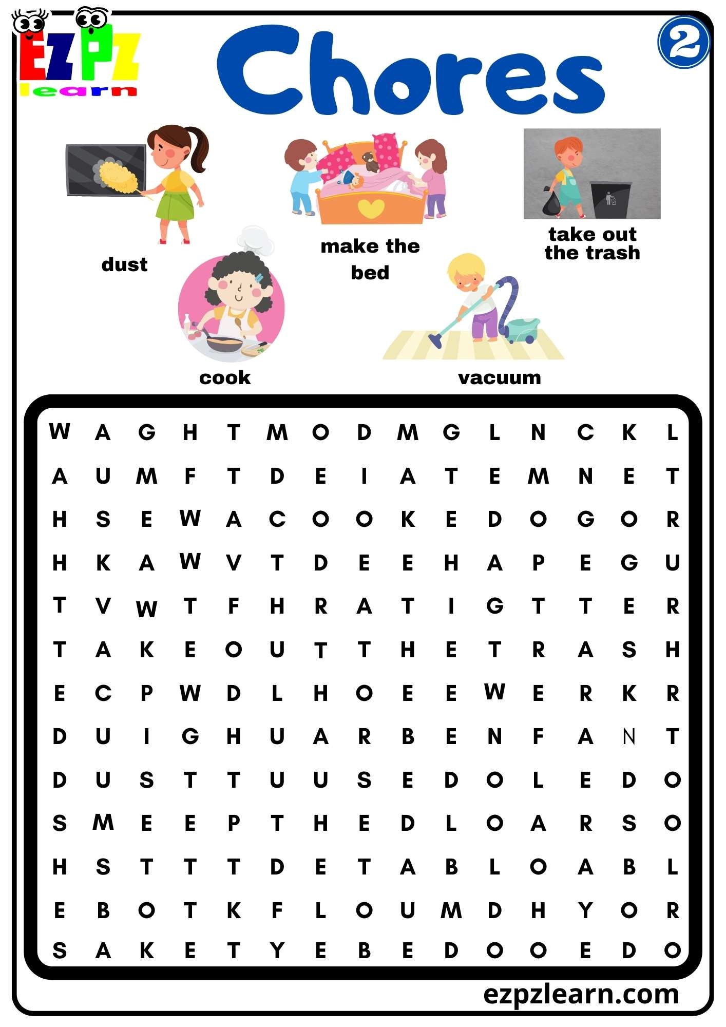 Household Chores Vocabulary Word Search Worksheet For Children And ESL Students Download Free Group 2 Ezpzlearn