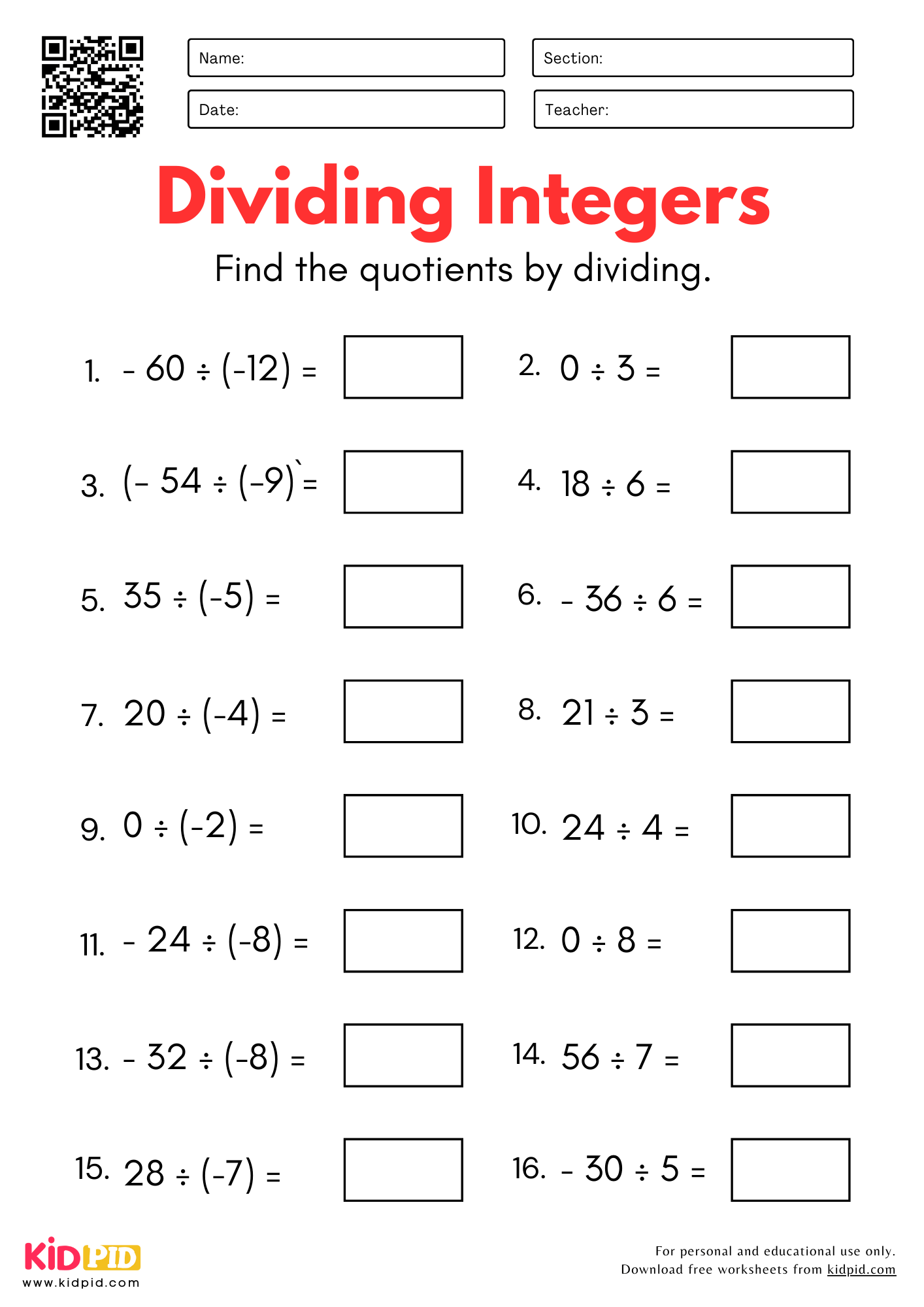 Integers Worksheet For Grade 5 Kidpid