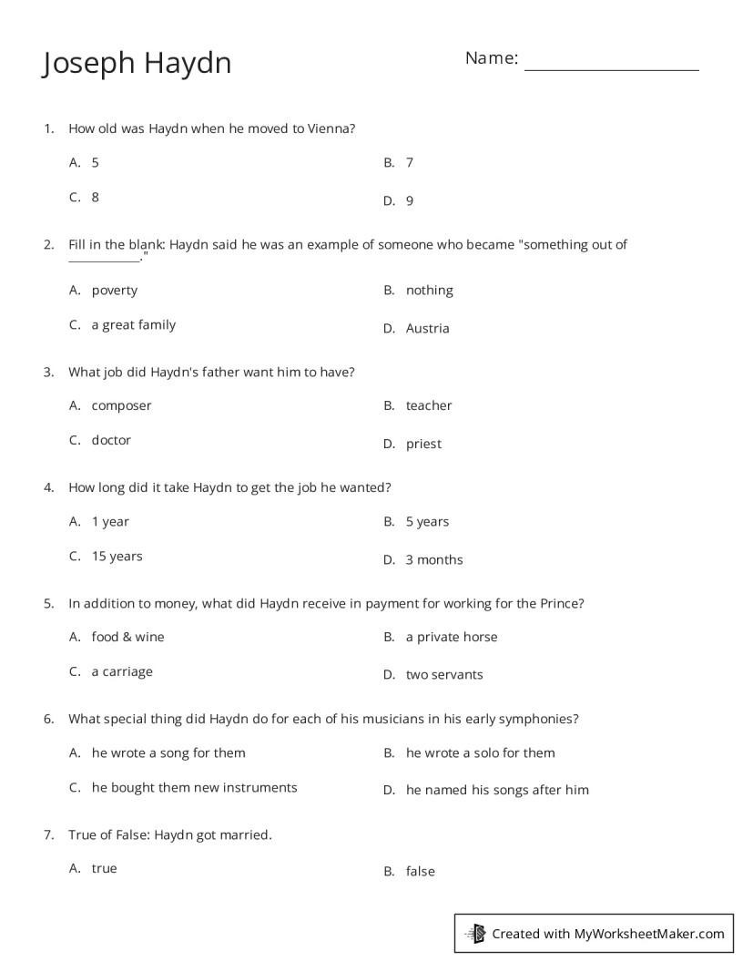 Joseph Haydn My Worksheet Maker Create Your Own Worksheets