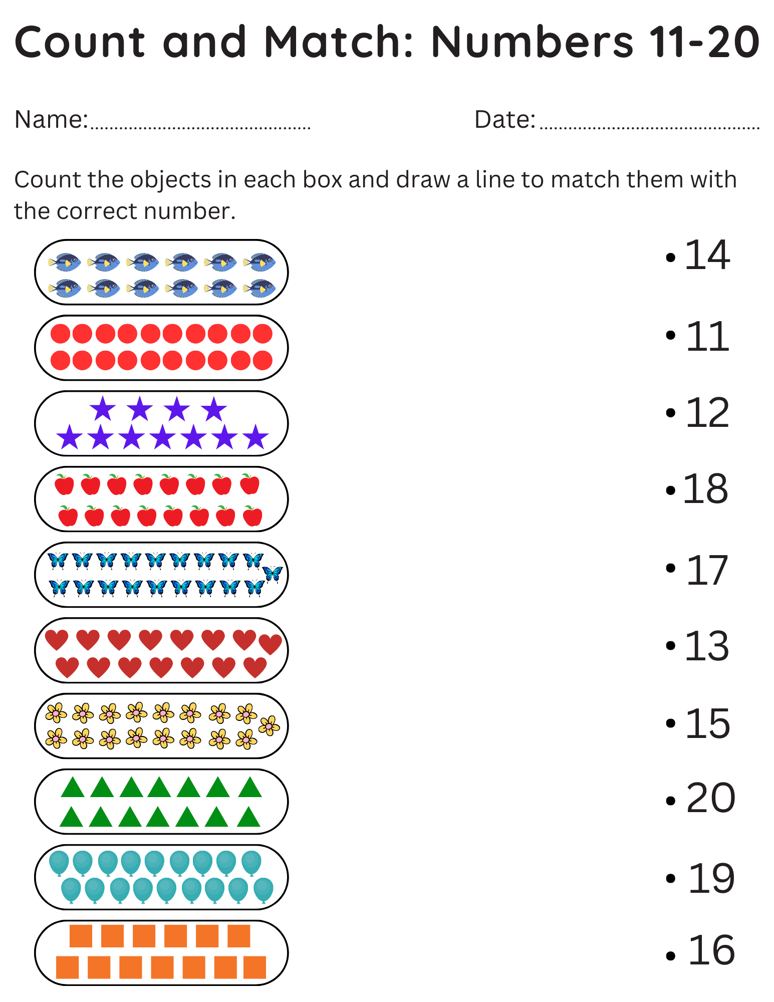 Kindergarten Count And Match Worksheets 11 20 Printable Numbers 11 20 Activity Teaching Resources